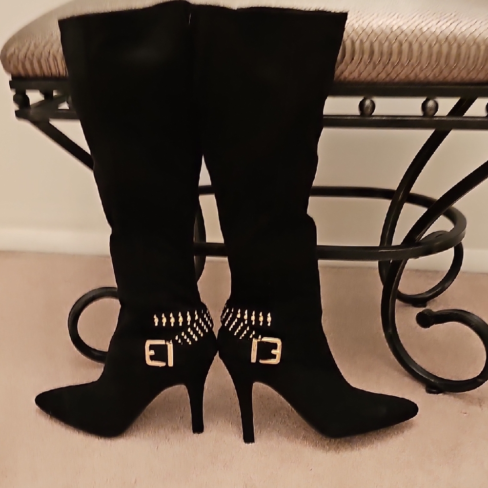 BCBGeneration Black Suede Knee-High Stiletto Boots with Gold Buckle Detail